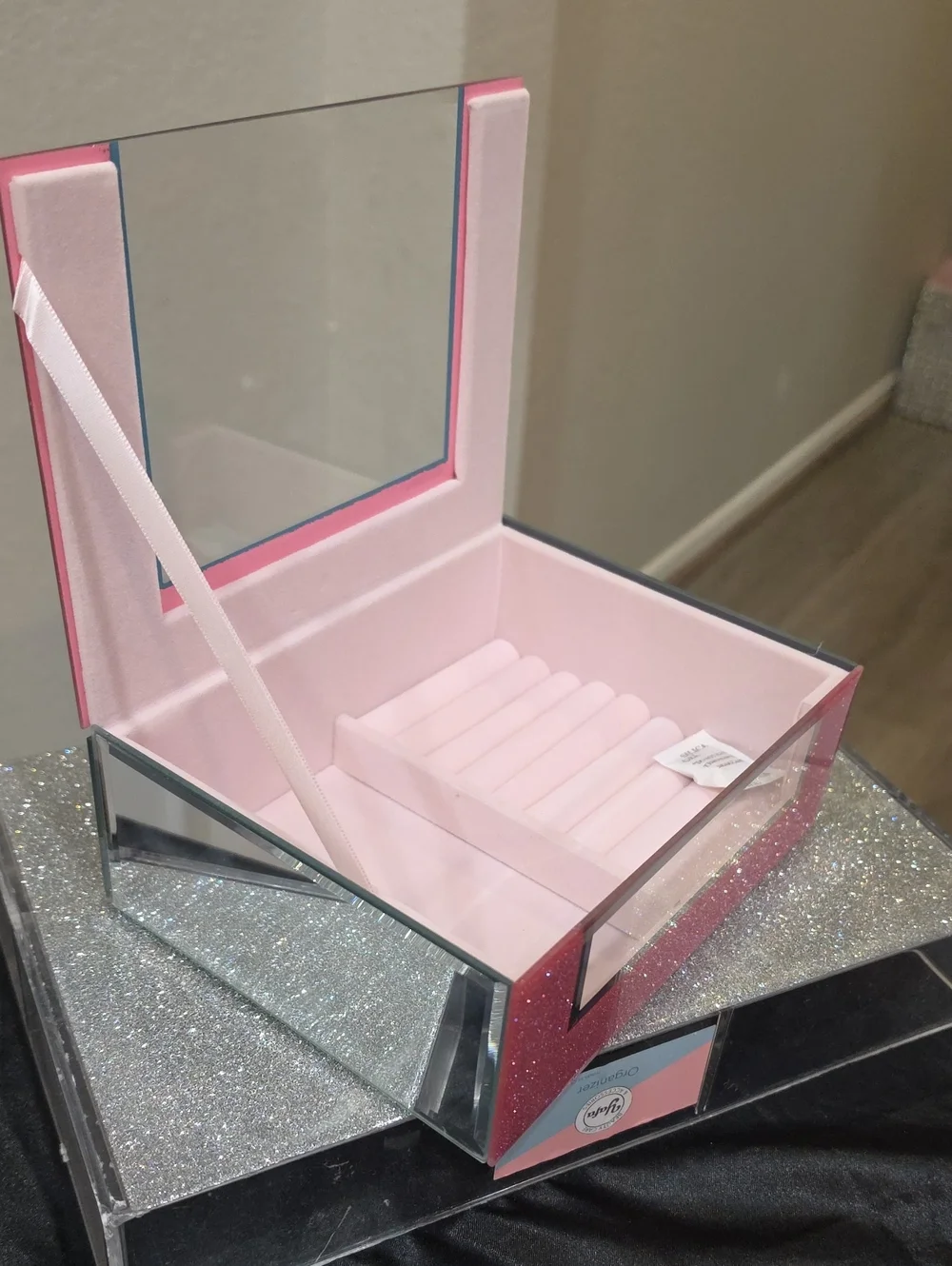 At Home Pink Glitter Mirrored Decorative Jewelry Organizer Box